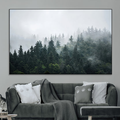 84146572-MGV-CV-36X24-Foggy Pine Trees Wall Art Canvas Print, Framed Forest Nature Art Picture Print, Evergreen Forest Perfect Scandinavian Minimalist