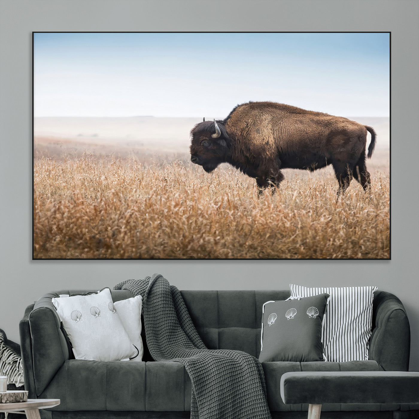 99620201-MGV-CV-36X24-Wild Bison Wall Art Canvas Print, Framed Bison in Prairie Art Picture Print, Rustic Western Perfect Rustic Western Decor Artwork