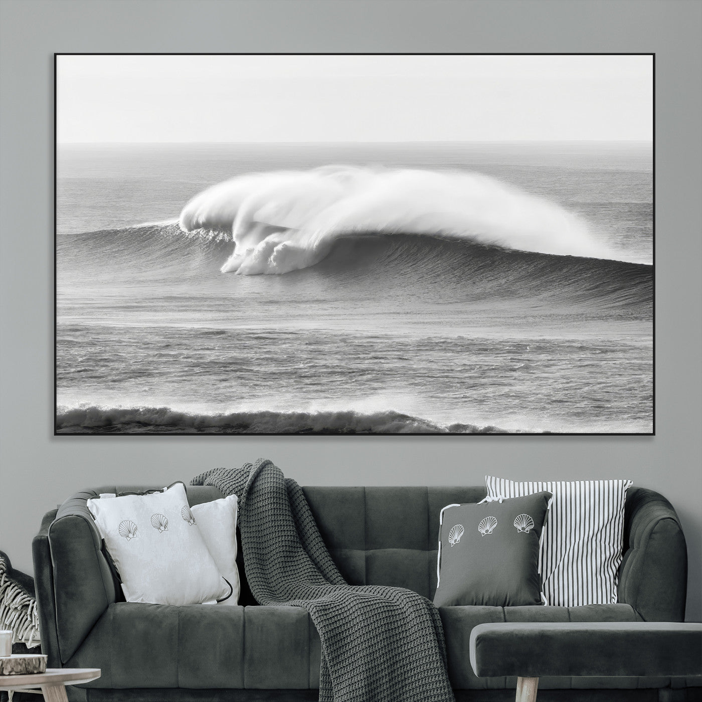 42544082-MGV-CV-36X24-Monochrome Seascape Wall Art Canvas Print, Framed Surf Wave Art Picture Print, Minimalist Ocean Perfect Moody Coastal Decor