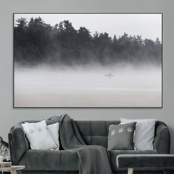 59703275-MGV-CV-36X24-Surfer in Fog Wall Art Canvas Print, Framed Foggy Beach Art Picture Print, Coastal Surf Perfect Moody Coastal Decor Artwork