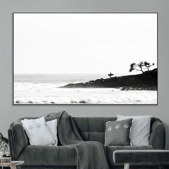 40875891-MGV-CV-36X24-SurferCliffs Wall Art Canvas Print, Framed Black White Beach Art Picture Print, Ocean Waves Perfect Minimalist Coastal Decor