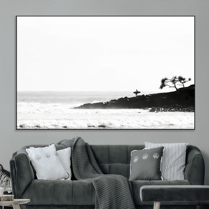 40875891-MGV-CV-36X24-SurferCliffs Wall Art Canvas Print, Framed Black White Beach Art Picture Print, Ocean Waves Perfect Minimalist Coastal Decor