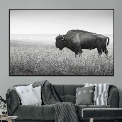 28435251-MGV-CV-36X24-Bison In Prairie Wall Art Canvas Print, Framed Rustic Wildlife Art Picture Print, Wild Buffalo Perfect Rustic Western Decor