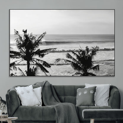 17508038-MGV-CV-36X24-Tropical Coastline Wall Art Canvas Print, Framed Palm Trees Art Picture Print, Ocean Waves Perfect Minimalist Coastal Decor