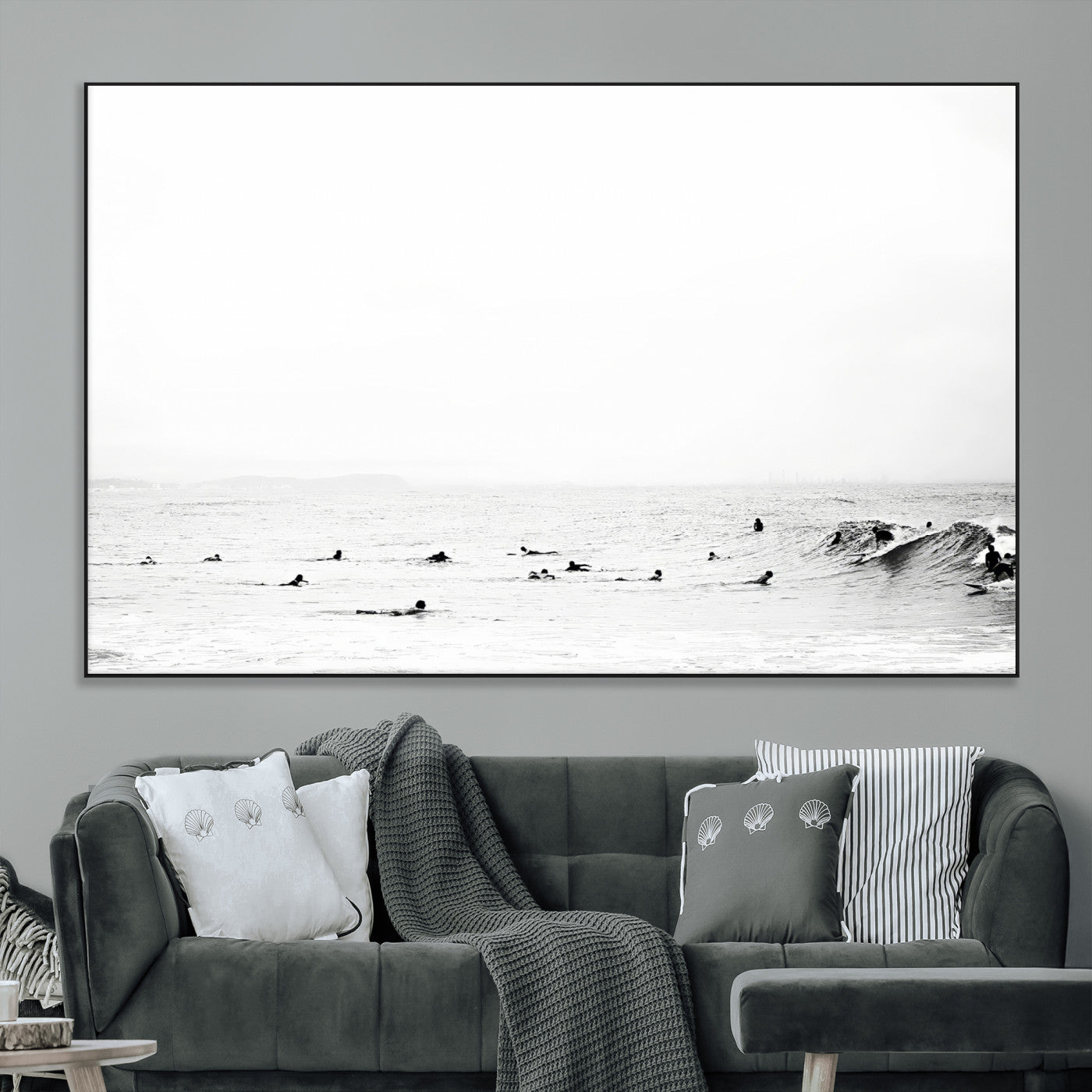38441169-MGV-CV-36X24-Monochrome Swimming Wall Art Canvas Print, Framed Ocean Horizon Art Picture Print, Moody Coastal Perfect Minimalist Coastal Decor