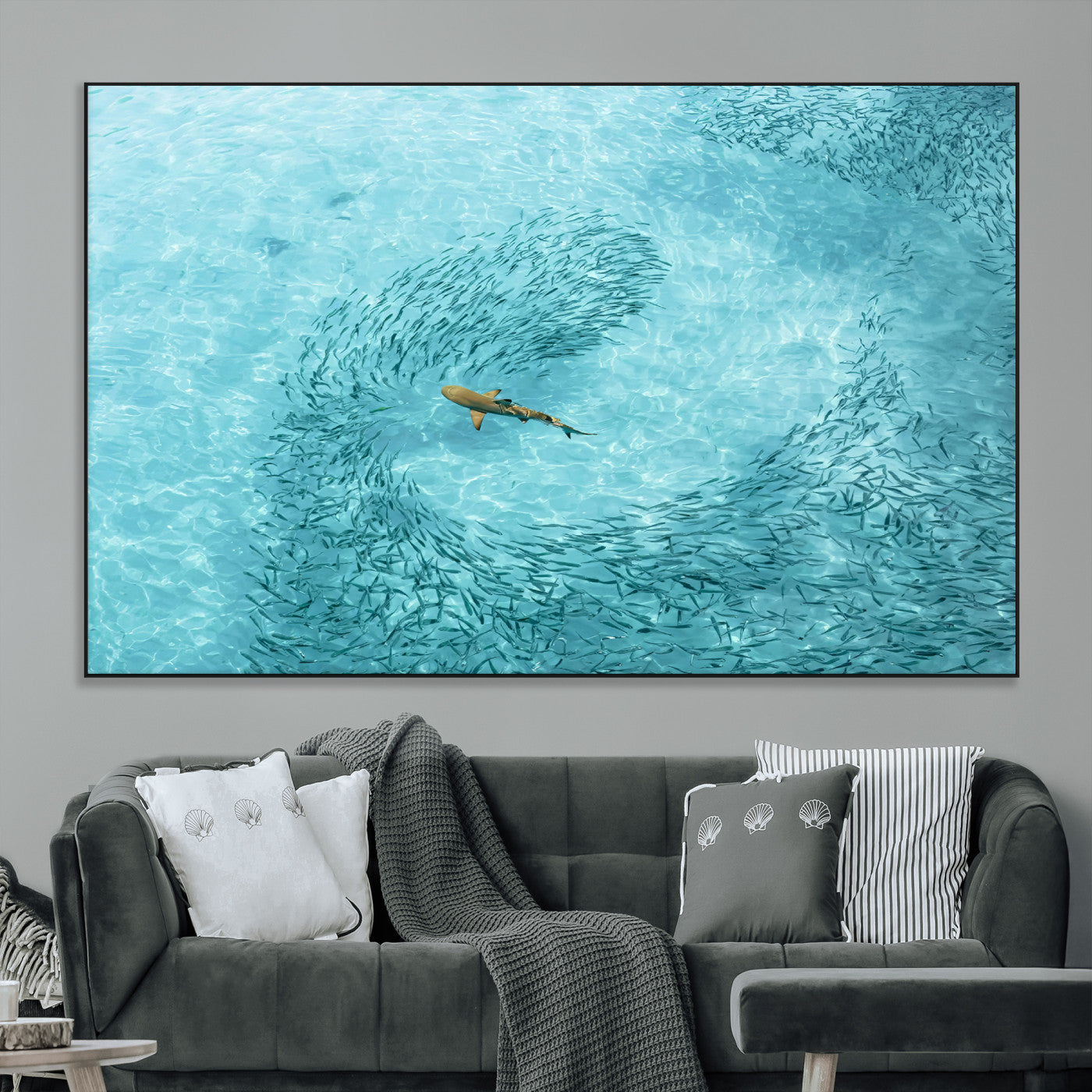 43671474-MGV-CV-36X24-Fish Swarm Wall Art Canvas Print, Framed Marine Life Art Picture Print, Shark Aerial Perfect Wildlife Coastal Decor Artwork