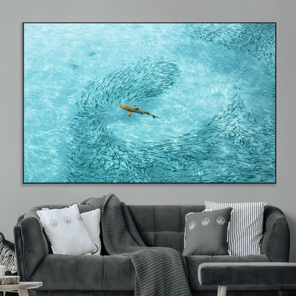 43671474-MGV-CV-36X24-Fish Swarm Wall Art Canvas Print, Framed Marine Life Art Picture Print, Shark Aerial Perfect Wildlife Coastal Decor Artwork