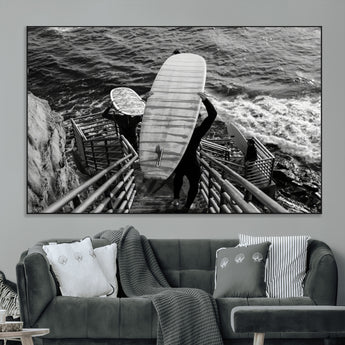 32353707-MGV-CV-36X24-Black White Surfing Wall Art Canvas Print, Framed Coastal Surfing Art Picture Print, Wave Riders Perfect Coastal Adventure Decor