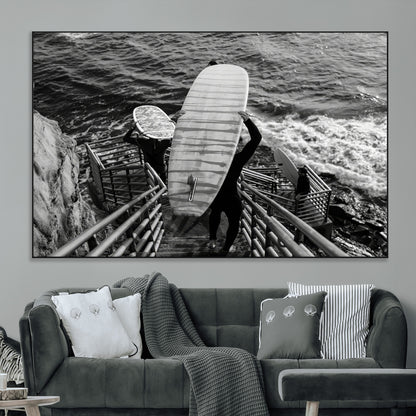 32353707-MGV-CV-36X24-Black White Surfing Wall Art Canvas Print, Framed Coastal Surfing Art Picture Print, Wave Riders Perfect Coastal Adventure Decor