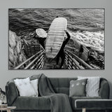 32353707-MGV-CV-36X24-Black White Surfing Wall Art Canvas Print, Framed Coastal Surfing Art Picture Print, Wave Riders Perfect Coastal Adventure Decor