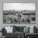 24051061-MGV-CV-36X24-Monochrome Highland Cow Wall Art Canvas Print, Framed Scottish Bull Art Picture Print, Lone Cattle Perfect Rustic Farmhouse Decor