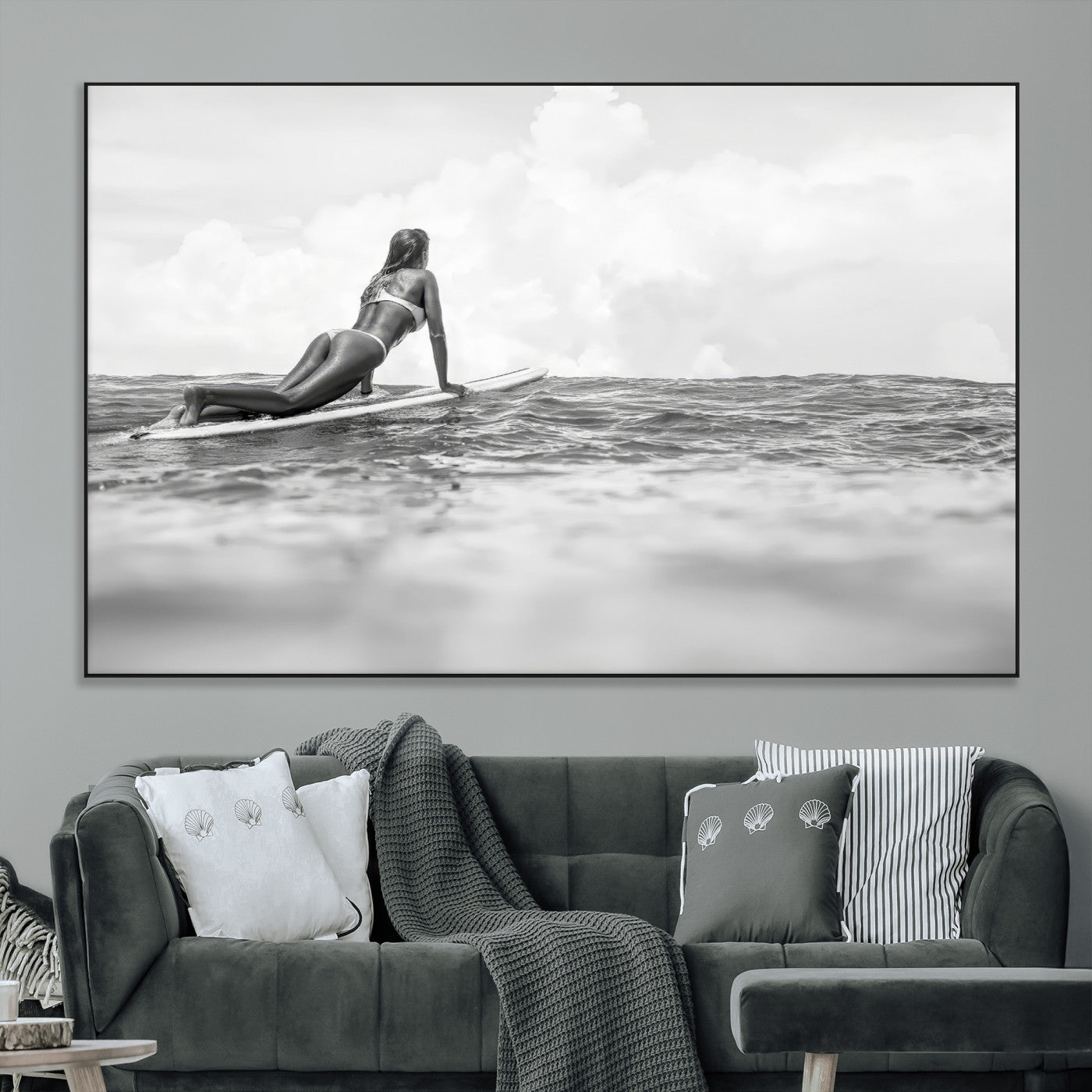 69798068-MGV-CV-36X24-Black White Surfing Wall Art Canvas Print, Framed Ocean Horizon Art Picture Print, Surfer Girl Perfect Coastal Adventure Decor