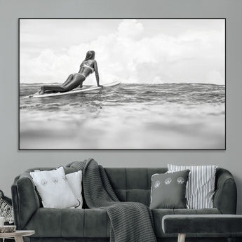 69798068-MGV-CV-36X24-Black White Surfing Wall Art Canvas Print, Framed Ocean Horizon Art Picture Print, Surfer Girl Perfect Coastal Adventure Decor