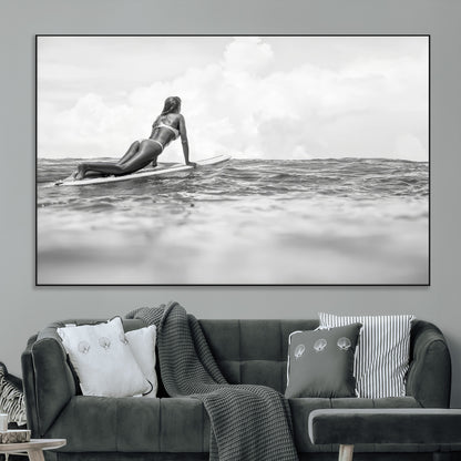 69798068-MGV-CV-36X24-Black White Surfing Wall Art Canvas Print, Framed Ocean Horizon Art Picture Print, Surfer Girl Perfect Coastal Adventure Decor