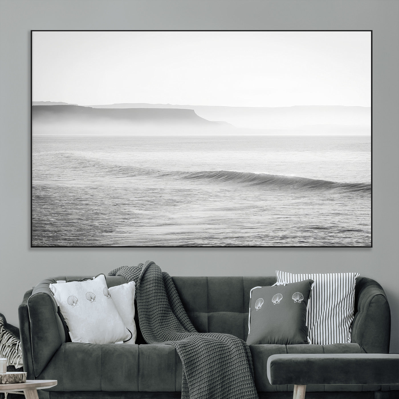 60635783-MGV-CV-36X24-Black White Seascape Wall Art Canvas Print, Framed Ocean Waves Art Picture Print, Misty Coastal Perfect Minimalist Coastal Decor