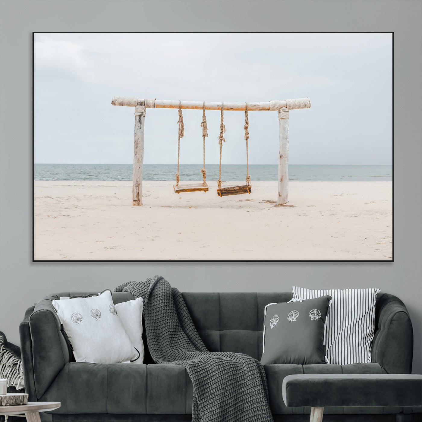 68327283-MGV-CV-36X24-Beach Swing Wall Art Canvas Print, Framed Quiet Beach Art Picture Print, Calm Shoreline Perfect Bohemian Coastal Decor Artwork
