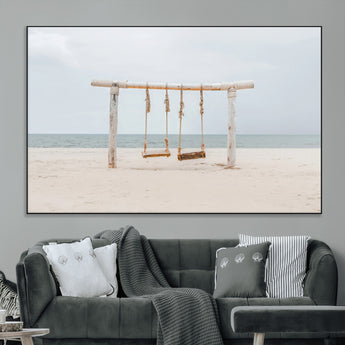 68327283-MGV-CV-36X24-Beach Swing Wall Art Canvas Print, Framed Quiet Beach Art Picture Print, Calm Shoreline Perfect Bohemian Coastal Decor Artwork