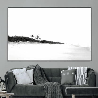 29611516-MGV-CV-36X24-Black White Beach Wall Art Canvas Print, Framed Palm Trees Art Picture Print, Monochrome Tropical Perfect Minimalist Coastal Decor