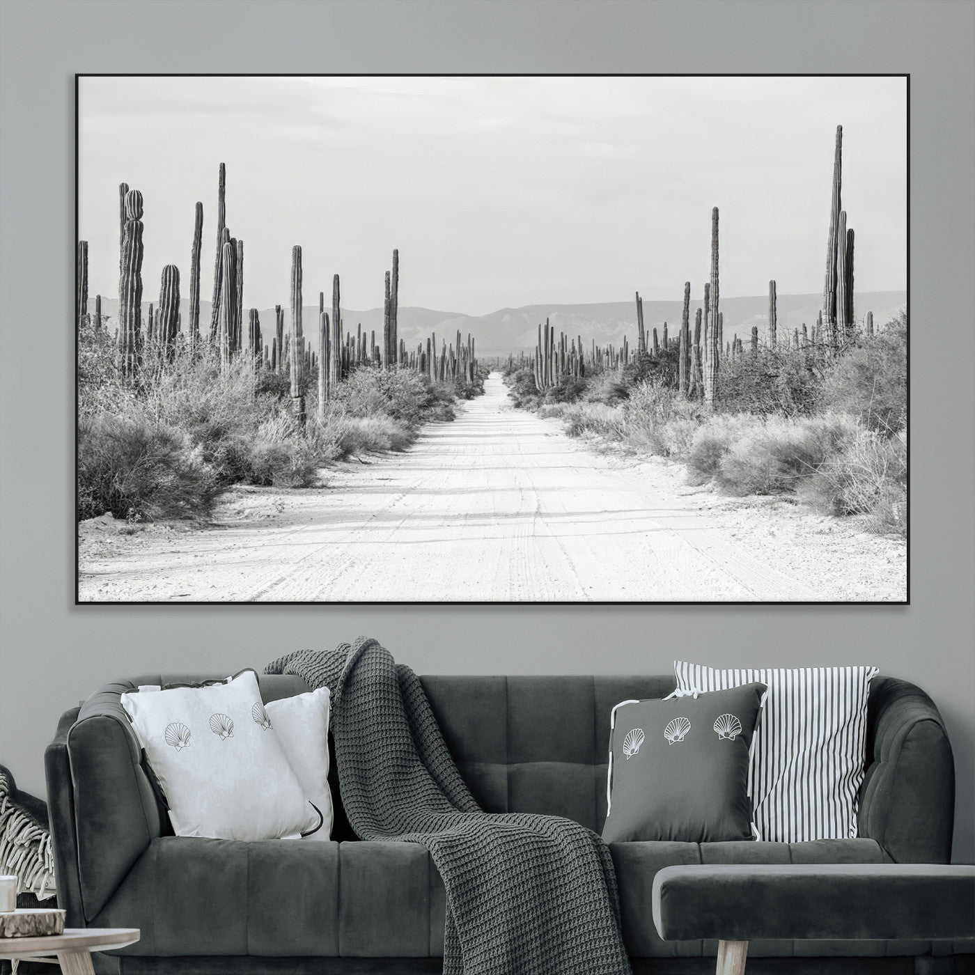 35537313-MGV-CV-36X24-Monochrome Desert Wall Art Canvas Print, Framed Cactus Path Art Picture Print, Southwestern Landscape Perfect Southwestern