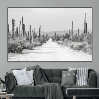 35537313-MGV-CV-36X24-Monochrome Desert Wall Art Canvas Print, Framed Cactus Path Art Picture Print, Southwestern Landscape Perfect Southwestern