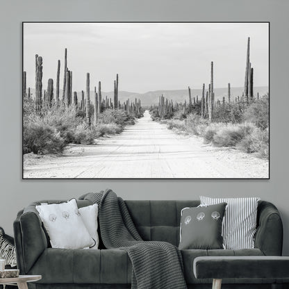 35537313-MGV-CV-36X24-Monochrome Desert Wall Art Canvas Print, Framed Cactus Path Art Picture Print, Southwestern Landscape Perfect Southwestern