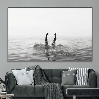26667396-MGV-CV-36X24-Black White Ocean Wall Art Canvas Print, Framed Monochrome Water Art Picture Print, Diving into Water Perfect Minimalist Aquatic