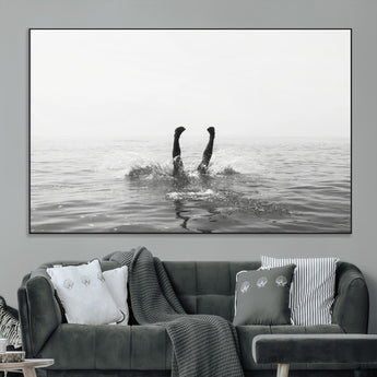 26667396-MGV-CV-36X24-Black White Ocean Wall Art Canvas Print, Framed Monochrome Water Art Picture Print, Diving into Water Perfect Minimalist Aquatic