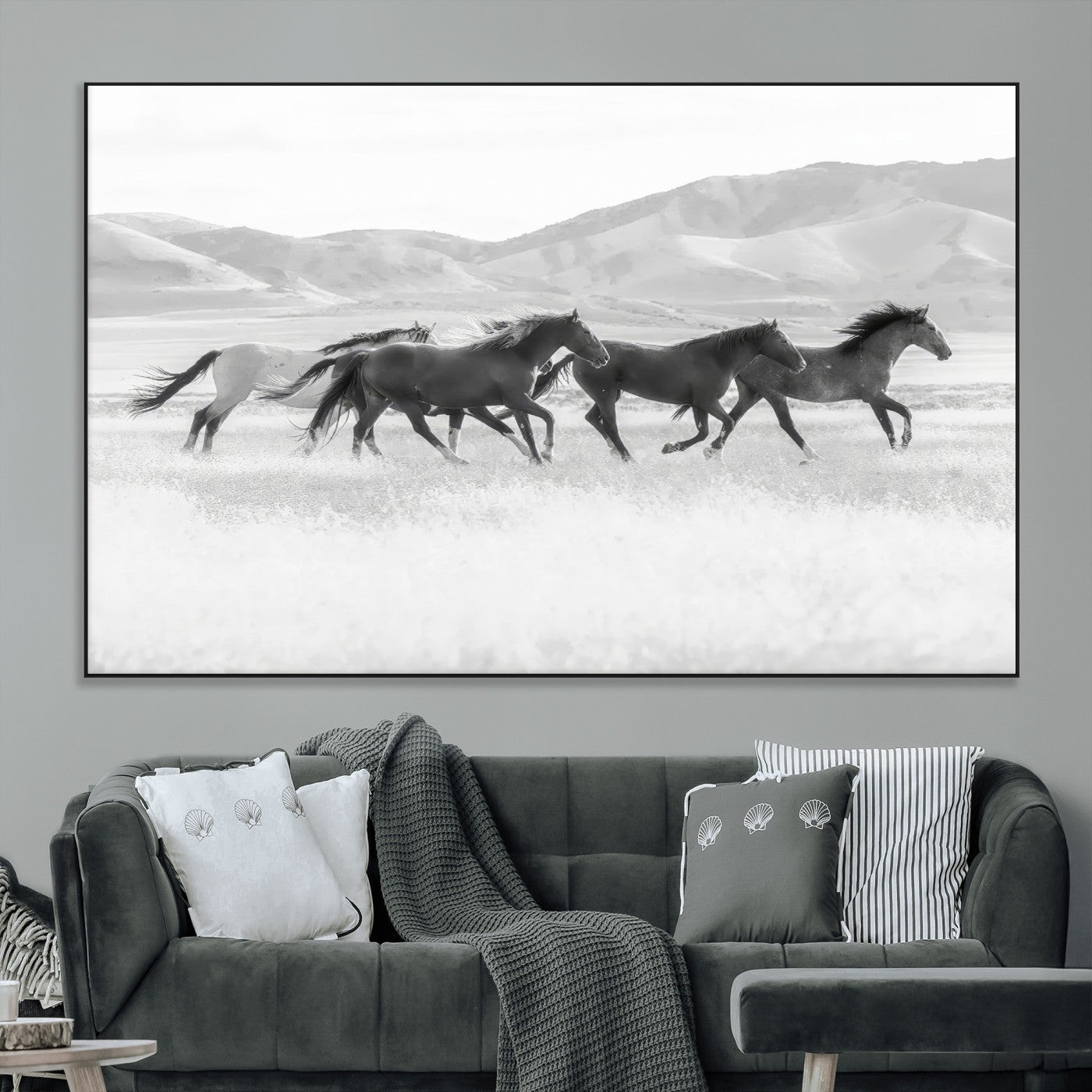 69934913-MGV-CV-36X24-Wild Horses Running Wall Art Canvas Print, Framed Black White Mustangs Art Picture Print, Rustic Western Perfect Rustic Western