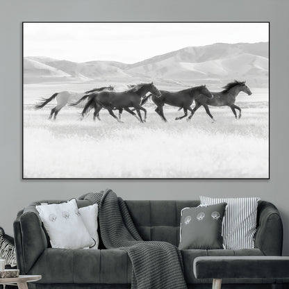 69934913-MGV-CV-36X24-Wild Horses Running Wall Art Canvas Print, Framed Black White Mustangs Art Picture Print, Rustic Western Perfect Rustic Western