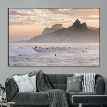 70644906-MGV-CV-36X24-Sunset Surfing Wall Art Canvas Print, Framed Misty Mountains Art Picture Print, Surfer Riding Wave Perfect Coastal Adventure Decor