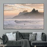 70644906-MGV-CV-36X24-Sunset Surfing Wall Art Canvas Print, Framed Misty Mountains Art Picture Print, Surfer Riding Wave Perfect Coastal Adventure Decor