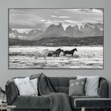 21655040-MGV-CV-36X24-Wild Horses Wall Art Canvas Print, Framed Black White Mountains Art Picture Print, Rustic Countryside Perfect Rustic Western Decor