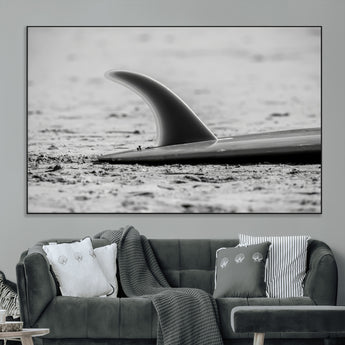 62314230-MGV-CV-36X24-Black White Surfboard Wall Art Canvas Print, Framed Minimalist Beach Art Picture Print, Surf Fin Perfect Minimalist Coastal Decor