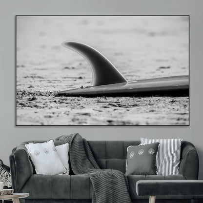 62314230-MGV-CV-36X24-Black White Surfboard Wall Art Canvas Print, Framed Minimalist Beach Art Picture Print, Surf Fin Perfect Minimalist Coastal Decor
