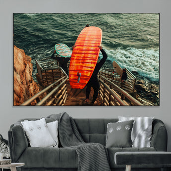 84555848-MGV-CV-36X24-Surfer Stairway Wall Art Canvas Print, Framed Ocean Surf Art Picture Print, Sunset Coastal Perfect Coastal Adventure Decor Artwork