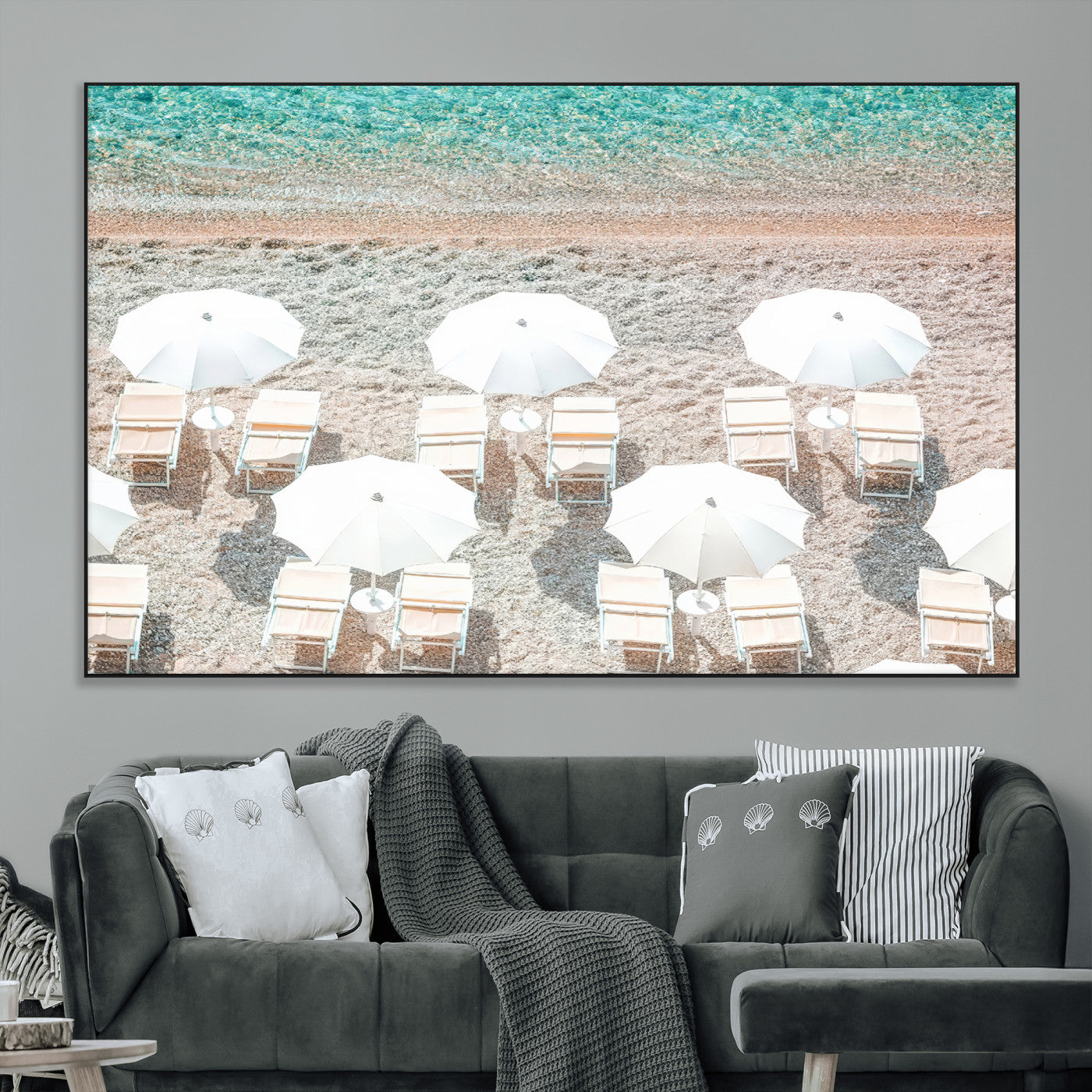 83736167-MGV-CV-36X24-Calm Beach Wall Art Canvas Print, Framed Turquoise Water Art Picture Print, Umbrella Shoreline Perfect Coastal Minimalist Decor