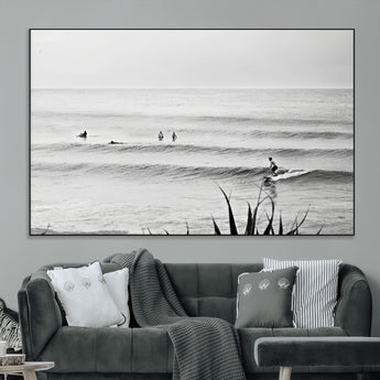 33821421-MGV-CV-36X24-Surfer Silhouette Wall Art Canvas Print, Framed Calm Ocean Art Picture Print, Monochrome Surf Perfect Minimalist Coastal Decor