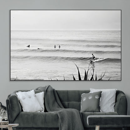 33821421-MGV-CV-36X24-Surfer Silhouette Wall Art Canvas Print, Framed Calm Ocean Art Picture Print, Monochrome Surf Perfect Minimalist Coastal Decor
