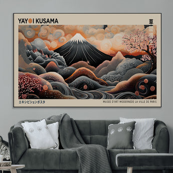 55739266-MGV-CV-36X24-Japanese Wall Art Print – Abstract Yayoi Kusama Inspired Dotted Landscape Poster, Surreal Oriental Mountain and Cherry Blossom