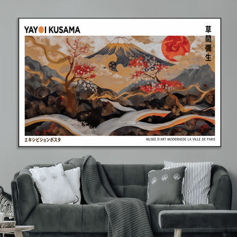 40959107-MGV-CV-36X24-Japanese Fuji Wall Art Print – Red Sun & Cherry Blossom Poster, Gold Wave Ukiyo-e Inspired Modern Japan Landscape Painting,