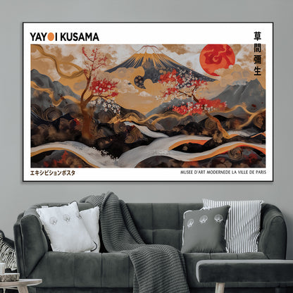 40959107-MGV-CV-36X24-Japanese Fuji Wall Art Print – Red Sun & Cherry Blossom Poster, Gold Wave Ukiyo-e Inspired Modern Japan Landscape Painting,