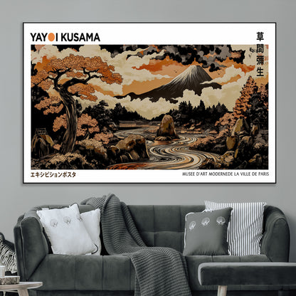 96372548-MGV-CV-36X24-Japanese Landscape Wall Art Print – Mt. Fuji Poster with Bonsai Tree & River, Ukiyo-e Inspired Modern Japanese Artwork, Autumn