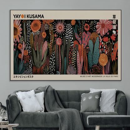 28344895-MGV-CV-36X24-Dark Floral Abstract Wall Art Poster – Modern Botanical Canvas Print with Beige Border, Kusama Inspired Boho Flower Painting,
