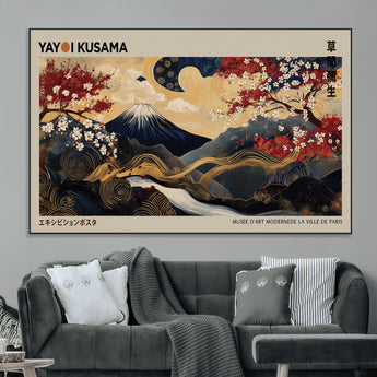 54967195-MGV-CV-36X24-Mount Fuji Wall Art – Japanese Cherry Blossom Abstract Canvas Print, Navy Gold Landscape Painting, Oriental Luxury Home Decor