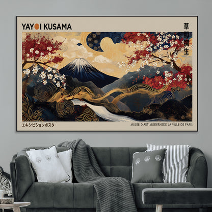 54967195-MGV-CV-36X24-Mount Fuji Wall Art – Japanese Cherry Blossom Abstract Canvas Print, Navy Gold Landscape Painting, Oriental Luxury Home Decor