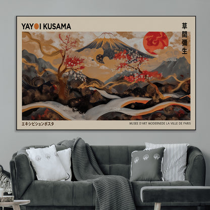 77970791-MGV-CV-36X24-Mount Fuji Golden Abstract Wall Art – Japanese Landscape Canvas Poster, Cherry Blossom & Red Sun Painting, Elegant Zen Oriental
