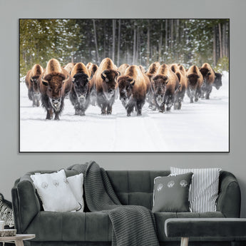 22695857-MGV-CV-36X24-Bison Herd Scene Wall Art Canvas Print, Framed Western Wildlife Art Picture Print, Rustic Animal Art Perfect Rustic Lodge Decor