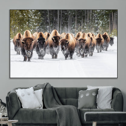 22695857-MGV-CV-36X24-Bison Herd Scene Wall Art Canvas Print, Framed Western Wildlife Art Picture Print, Rustic Animal Art Perfect Rustic Lodge Decor