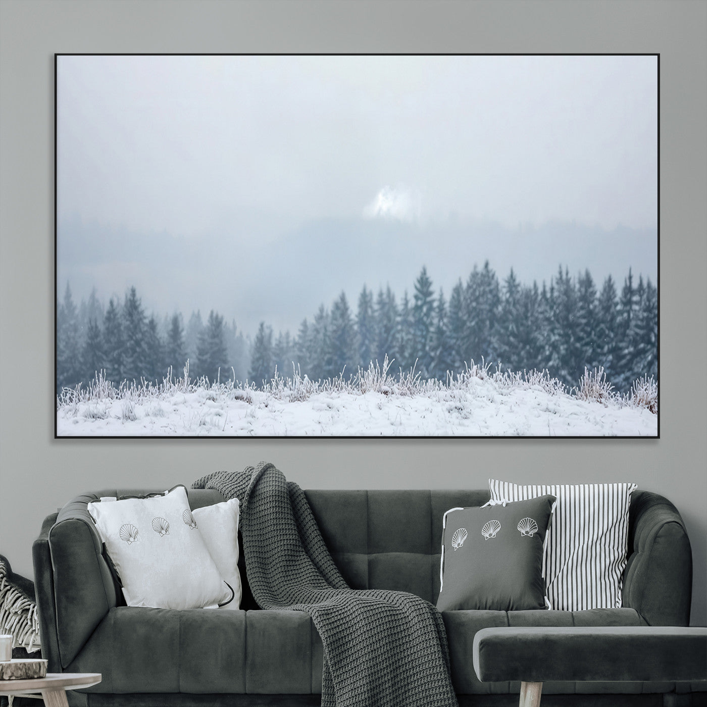 33033082-MGV-CV-36X24-Winter Forest Art Wall Art Canvas Print, Framed Snowy Landscape Art Picture Print, Misty Tree Scene Perfect Nordic Minimalist