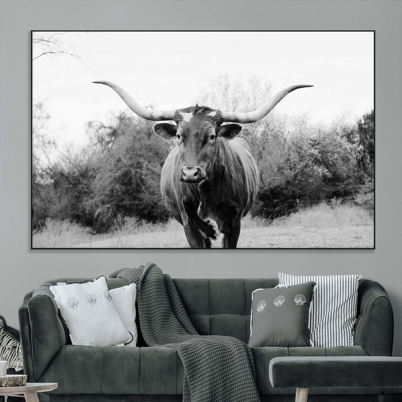 97280319-MGV-CV-36X24-Longhorn Photography Wall Art Canvas Print, Framed Western Cow Decor Art Picture Print, Texas Ranch Style Perfect Rustic Farmhouse